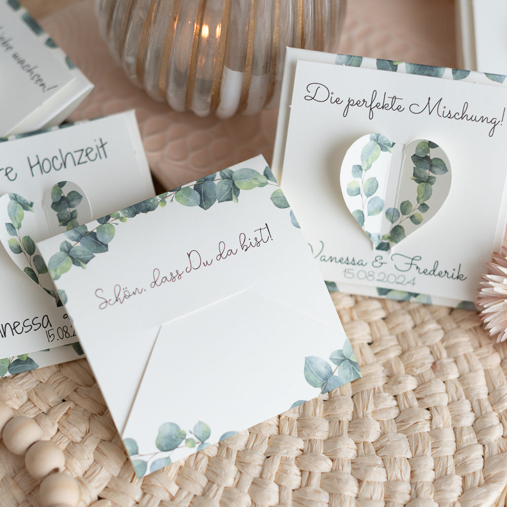 Personalisierte Gastgeschenke für Hochzeit und andere Anlässe mit Blumensamen Eukalyptus